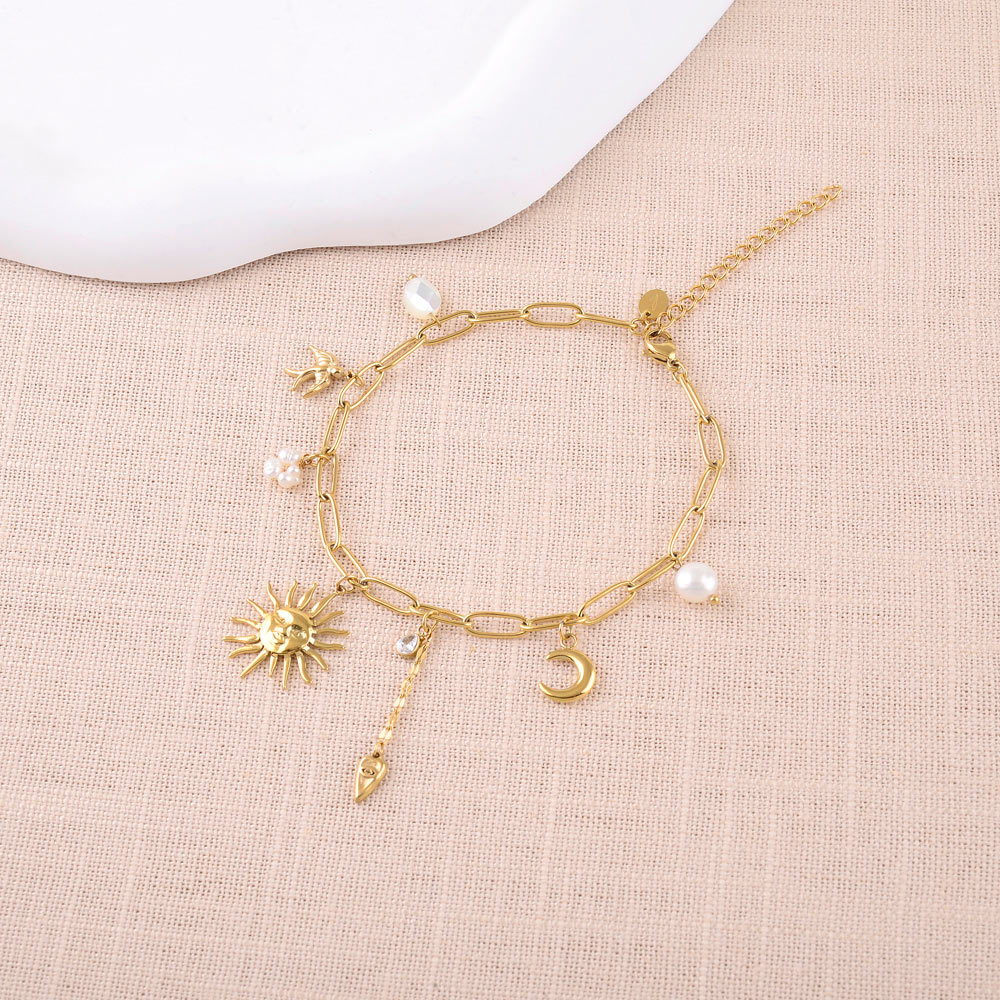 CHAÎNE DE CHEVILLE - BRELOQUES SOLEIL, COEUR, LUNE, OISEAU, PERLES D'EAU DOUCES ET CRISTAL)