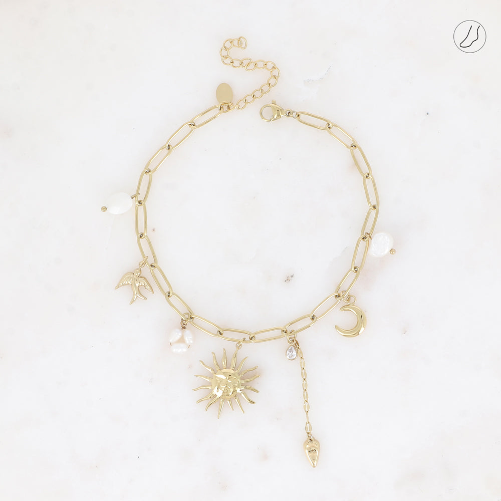 CHAÎNE DE CHEVILLE - BRELOQUES SOLEIL, COEUR, LUNE, OISEAU, PERLES D'EAU DOUCES ET CRISTAL)