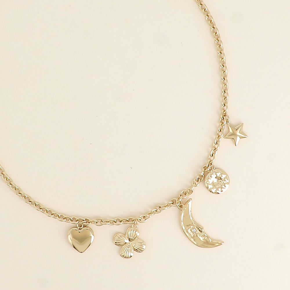 COLLIER BRELOQUE - COLLIER - SOLEIL, COEUR, LUNE, FLEUR, ÉTOILE ET TRÈFLE