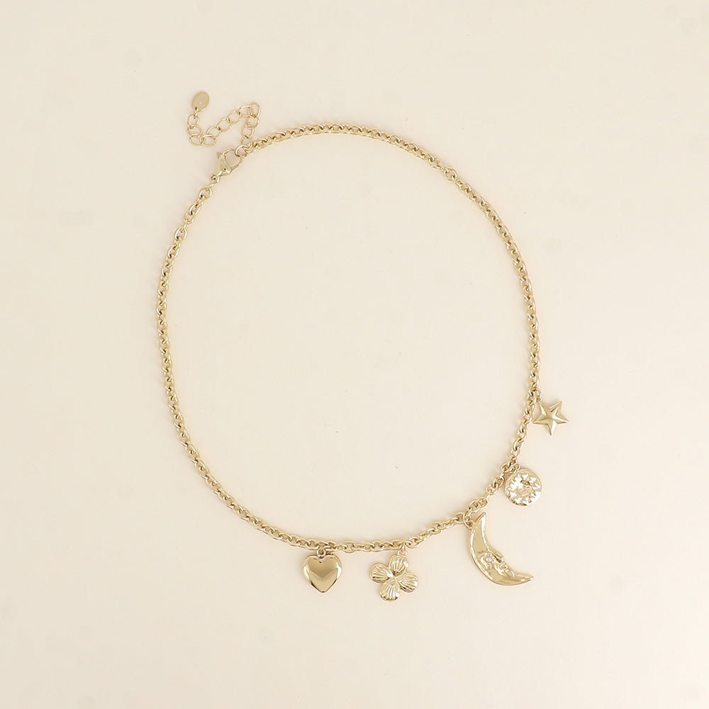COLLIER BRELOQUE - COLLIER - SOLEIL, COEUR, LUNE, FLEUR, ÉTOILE ET TRÈFLE