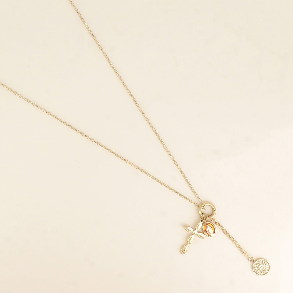 COLLIER SAUTOIR - ANNEAU ET PENDENTIF CROIX, LA MADONE EN ÉMAIL, SOLEIL