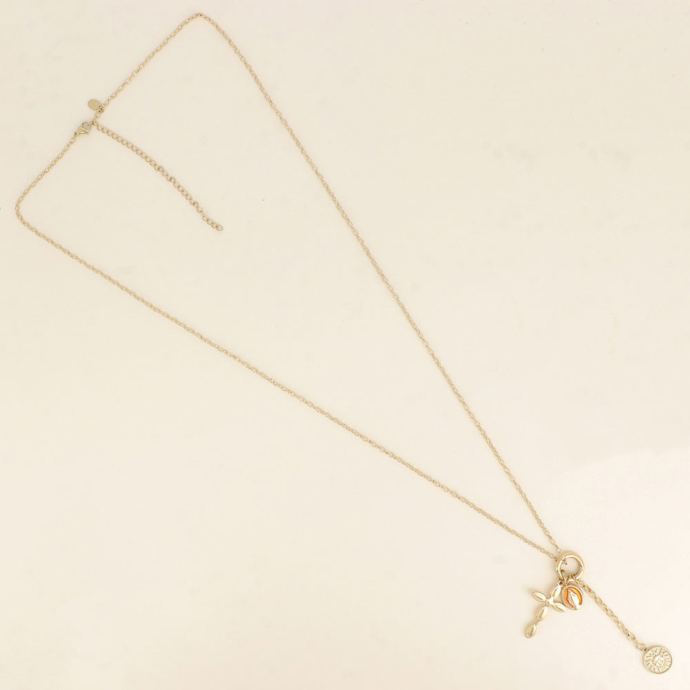 COLLIER SAUTOIR - ANNEAU ET PENDENTIF CROIX, LA MADONE EN ÉMAIL, SOLEIL