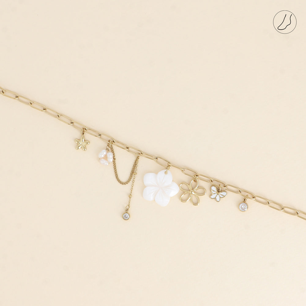 CHAÎNE DE CHEVILLE - BRELOQUES FLEUR NACRÉE, FLEURS, PAPILLON, CRISTAL ET PERLES D'EAU DOUCE