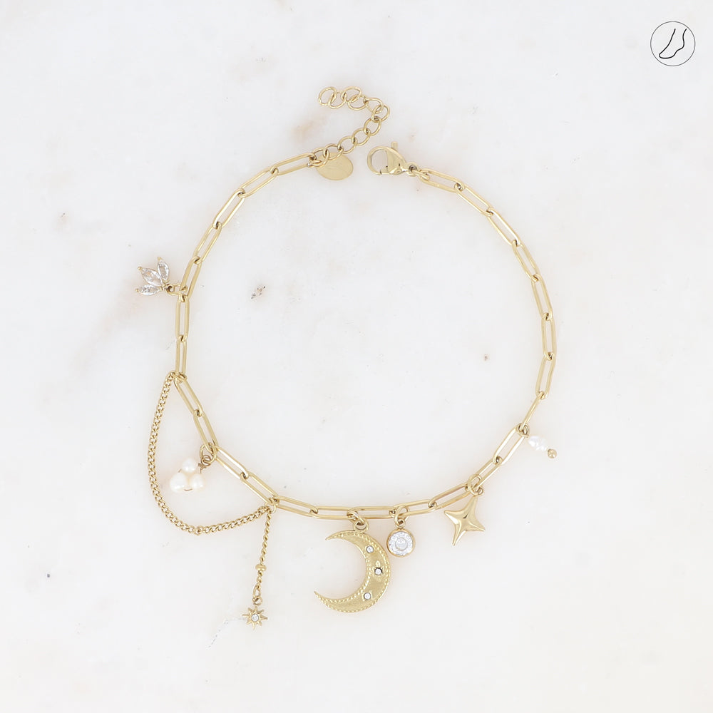 CHAINE DE CHEVILLE - MAILLE OVALE AVEC BRELOQUES (LUNE, ÉTOILE, PERLES D'EAU DOUCE ET CRISTAUX)