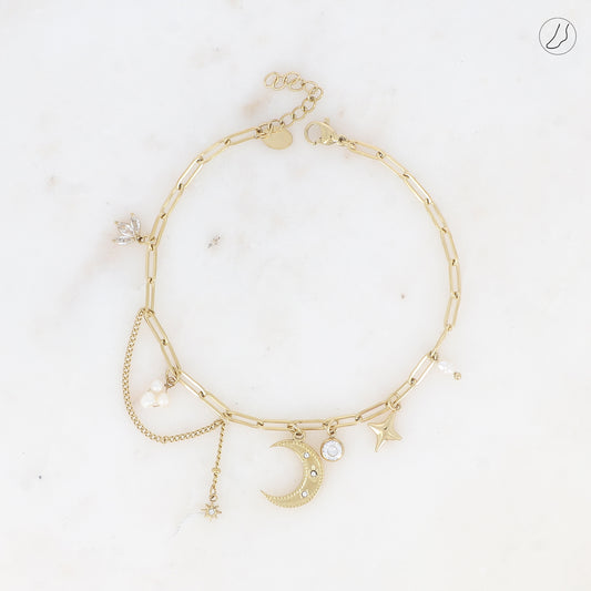 CHAINE DE CHEVILLE - MAILLE OVALE AVEC BRELOQUES (LUNE, ÉTOILE, PERLES D'EAU DOUCE ET CRISTAUX)