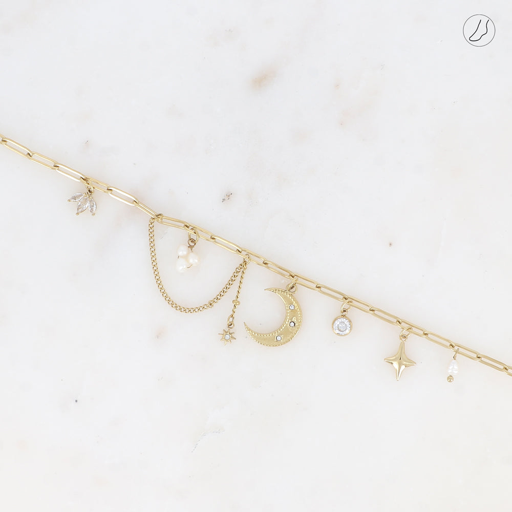 CHAINE DE CHEVILLE - MAILLE OVALE AVEC BRELOQUES (LUNE, ÉTOILE, PERLES D'EAU DOUCE ET CRISTAUX)