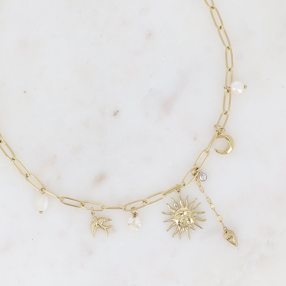 COLLIER - BRELOQUES (SOLEIL, COEUR, LUNE, OISEAU, PERLES D'EAU DOUCE ET CRISTAL)