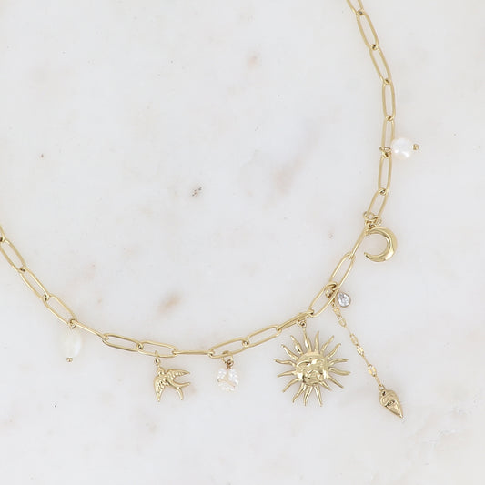 COLLIER - BRELOQUES (SOLEIL, COEUR, LUNE, OISEAU, PERLES D'EAU DOUCE ET CRISTAL)