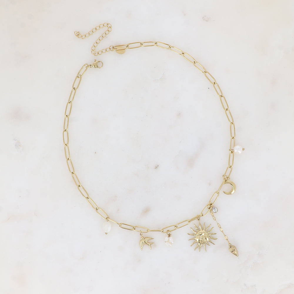 COLLIER - BRELOQUES (SOLEIL, COEUR, LUNE, OISEAU, PERLES D'EAU DOUCE ET CRISTAL)