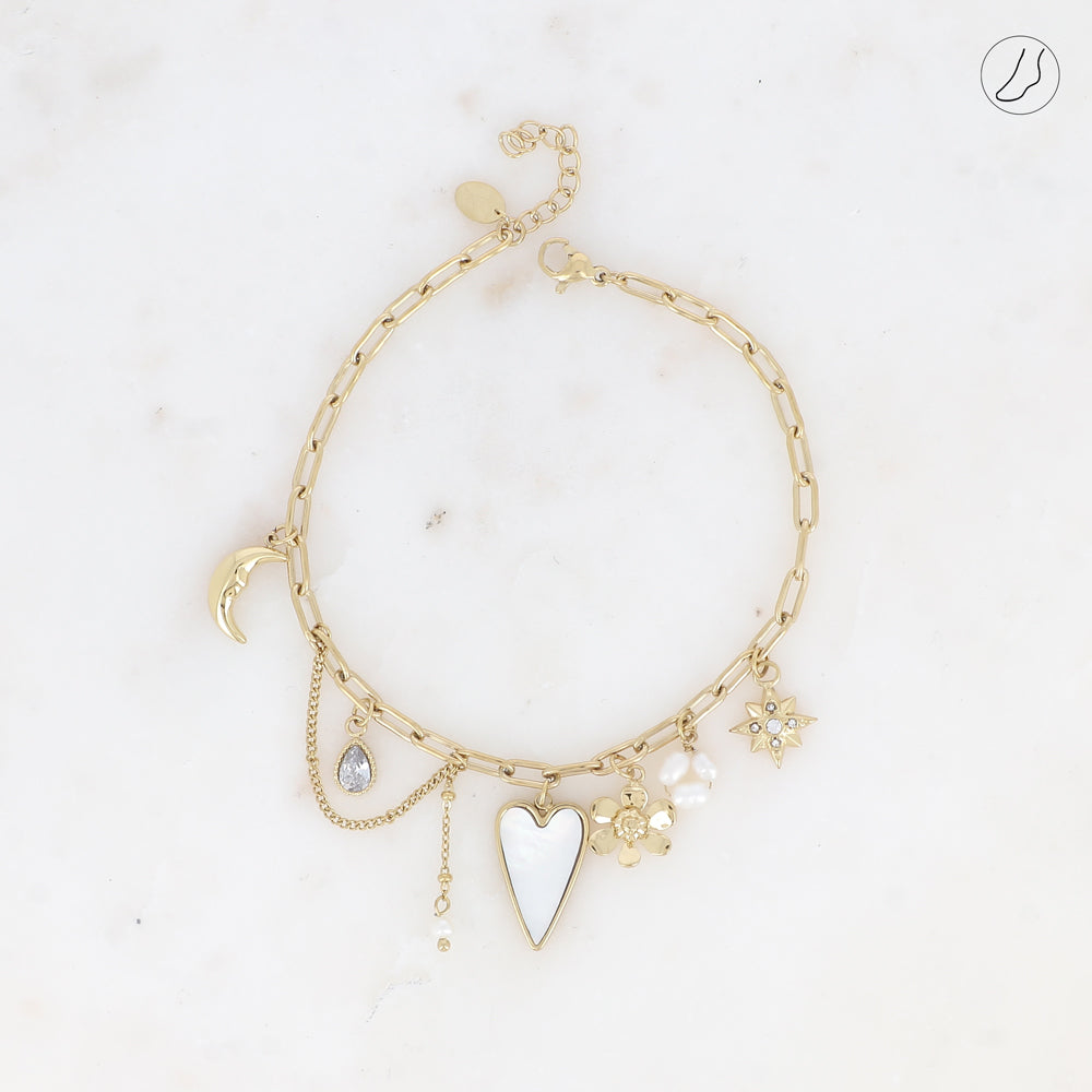 CHAÎNE DE CHEVILLE - COEUR NACRÉ, FLEUR, ÉTOILE, PERLES D'EAU DOUCE, LUNE, CRISTAUX)
