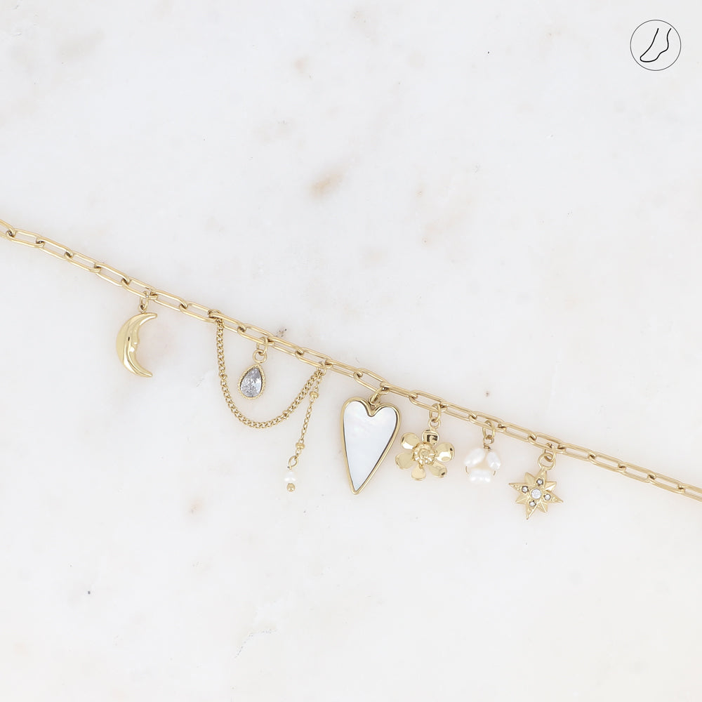 CHAÎNE DE CHEVILLE - COEUR NACRÉ, FLEUR, ÉTOILE, PERLES D'EAU DOUCE, LUNE, CRISTAUX)
